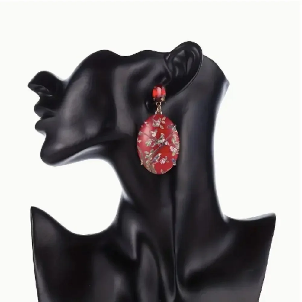 ✨🆕✨Beautifully Boho Vintage Inspired RED Happy Days Floral Birds Earrings  ✨